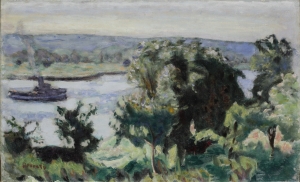 セーヌ川が画面の水平方向に流れ、タグボートが進む様子を描いた油彩画