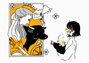 左に女性と牛が描かれた絵が展示され、右にその絵画を鑑賞する赤ちゃんと保護者が描かれたイラスト