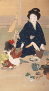 伊藤小坡《ふたば》　母子が朝顔の苗を植える様子を描いた日本画