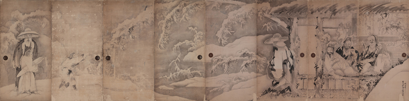 曾我蕭白《竹林七賢図（旧永島家襖絵）》　雪の中に9人の人物が描かれた水墨画