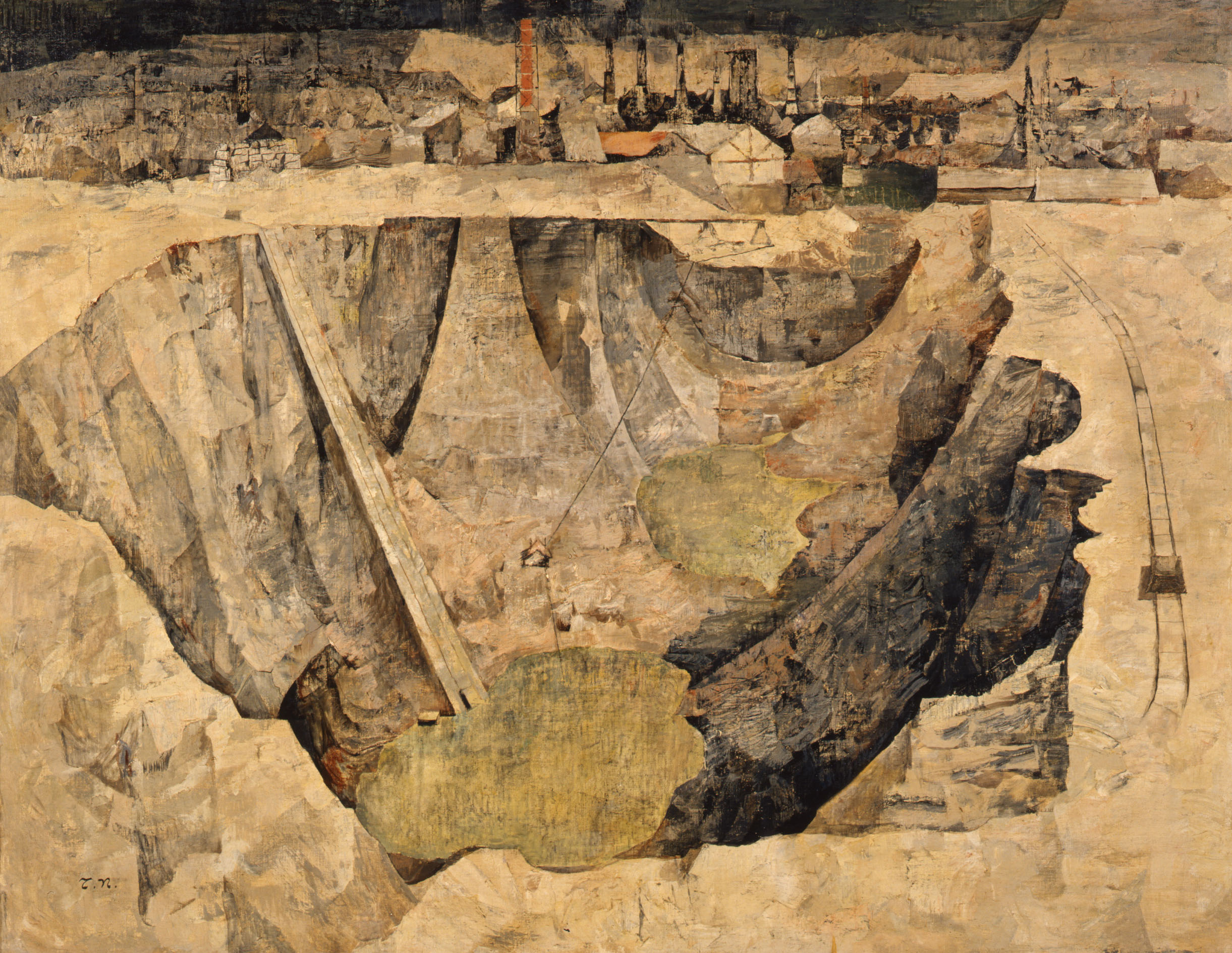 中谷泰《陶土》　焼き物の原料の土を掘って出来た大きな穴をとらえた油彩画