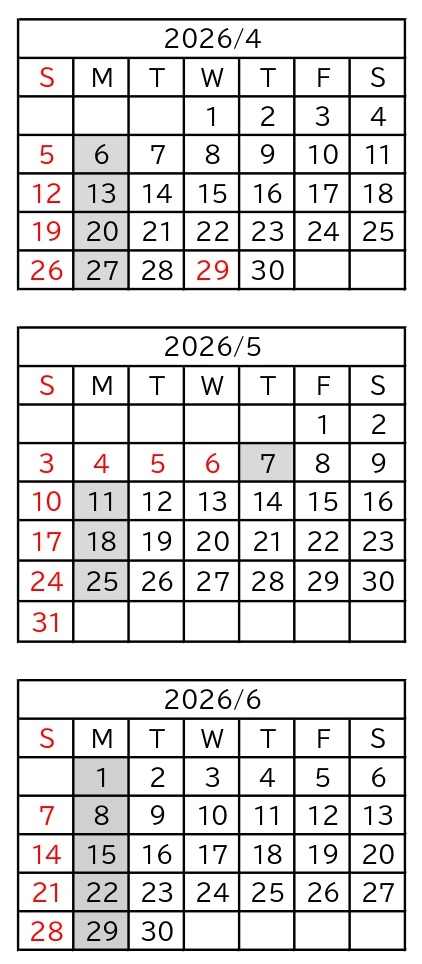 2026年度4月から6月までの開館日カレンダー