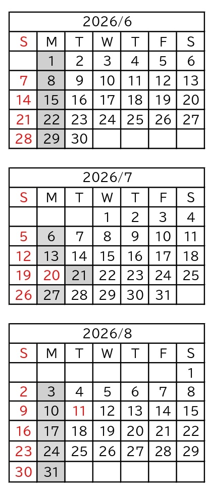 2026年6月から8月までの開館カレンダー画像