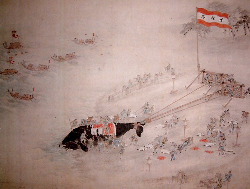 阿田和村捕鯨図と八幡神社奉納絵馬（いずれも部分）