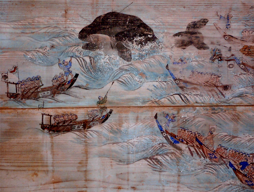 阿田和村捕鯨図と八幡神社奉納絵馬（いずれも部分）