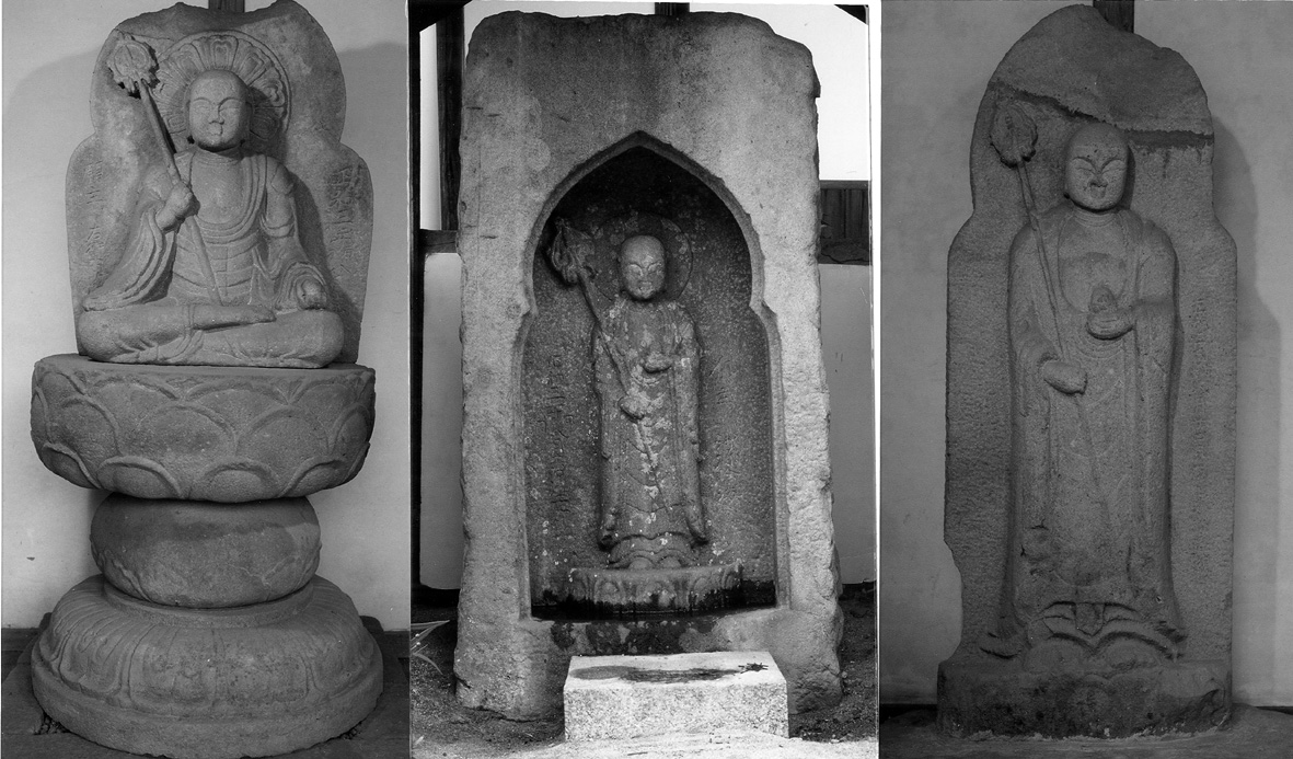 （左から）宝樹寺・地蔵菩薩坐像、栄松寺・地蔵菩薩立像、光明寺・地蔵菩薩立像（『三重県の文化財』より）