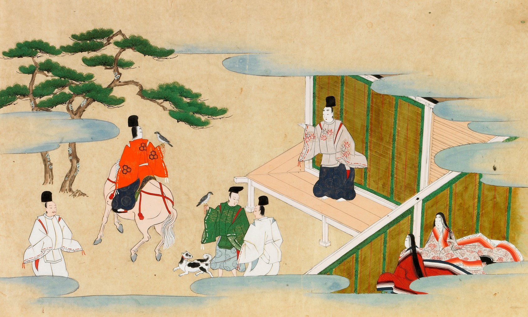 狩りに出る「男(在原業平:朱色の)狩衣」と見送る女(斎王:桃色の衣装)